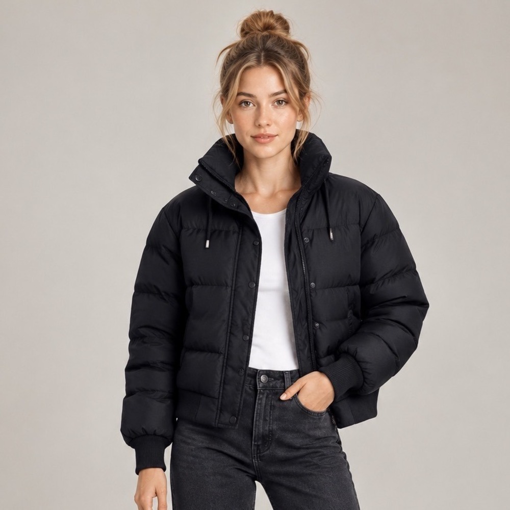 Juicy Couture Black Down Puffer Jacket Funnel Neck XL Womens Y2K Streetwear